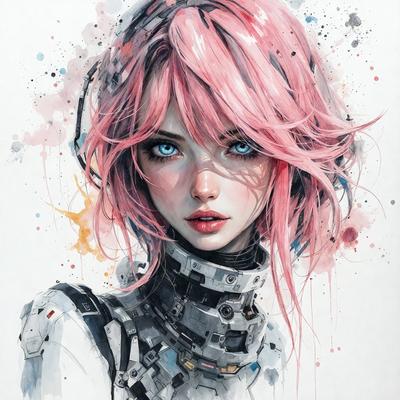 The primary subject of the image is a woman with pink hair, wearing a white and black outfit. She is the main focus of the image. The setting is a painting, which gives the image a visual style of art. The colors and mood of the painting are predominantly white and black, creating a contrasting and bold atmosphere.